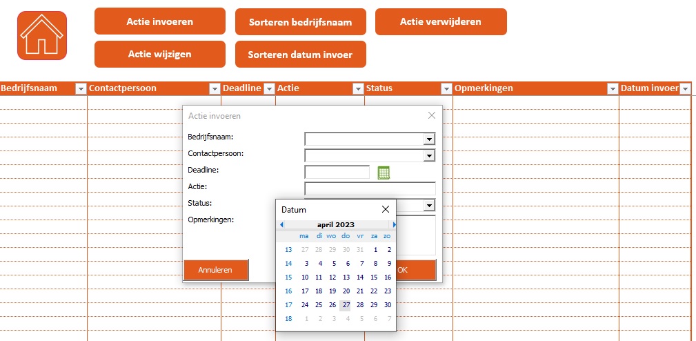 CRM systeem voorbeeld in Excel