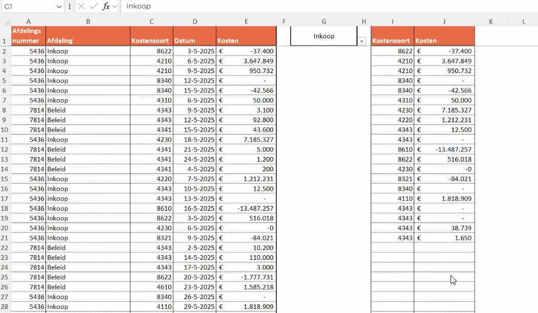 Kies kolommen in Excel
